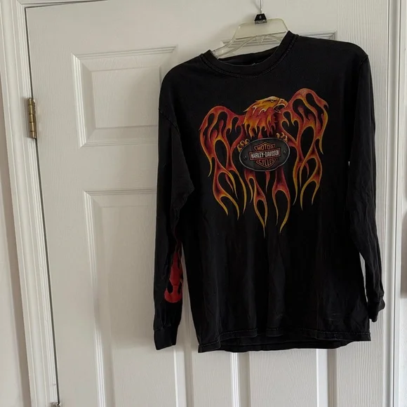 Harley-Davidson Black Long Sleeve Tee with Red and Yellow Flames - Picture 1 of 5